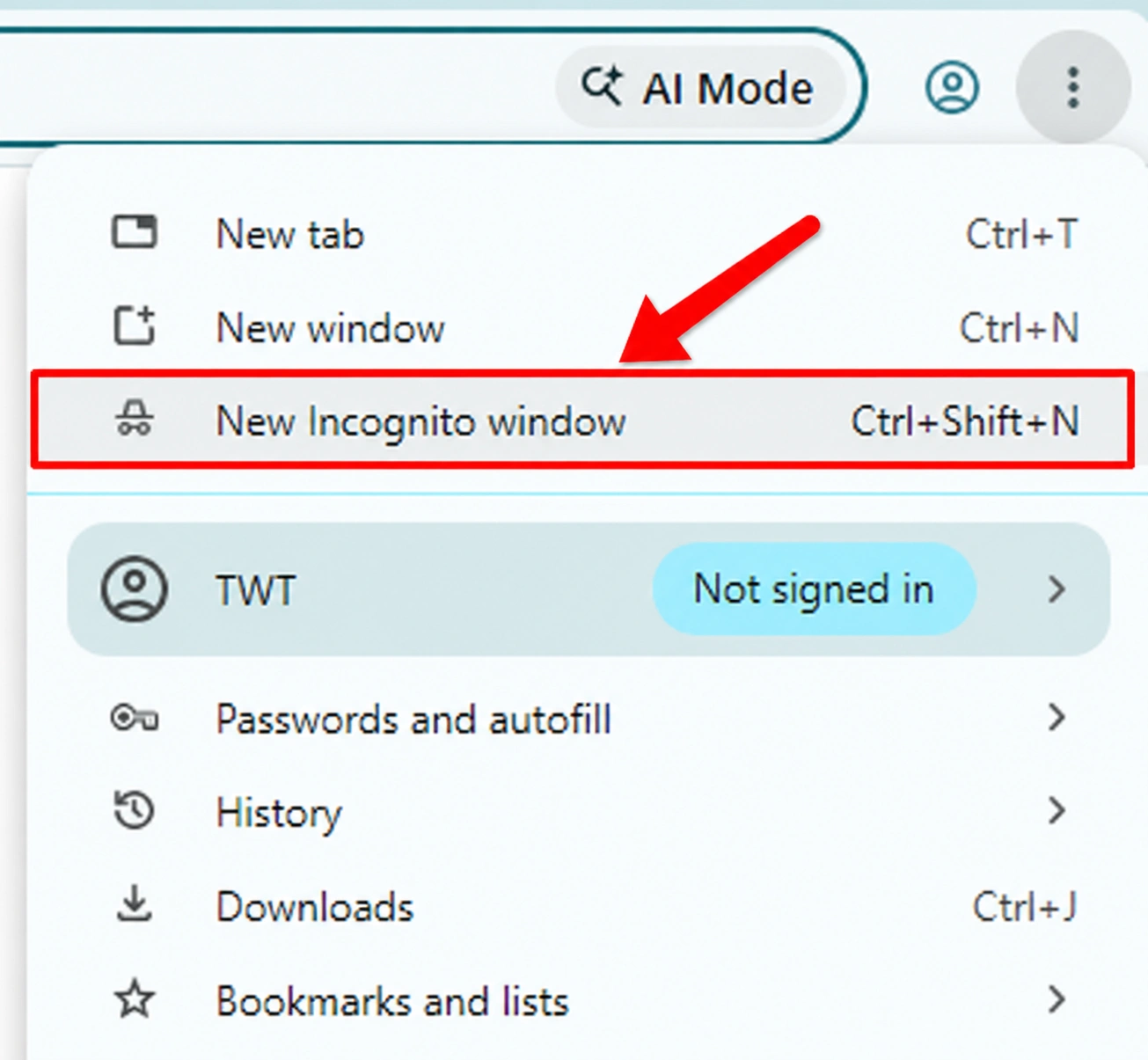 Chrome three-dot menu showing the New Incognito window option highlighted by a red arrow.