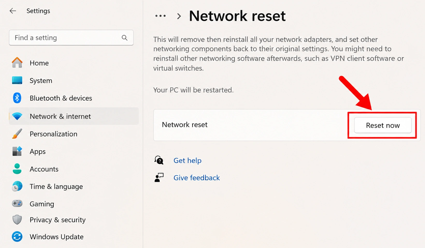 Windows 11 Network reset settings page with the Reset now button highlighted by a red arrow.
