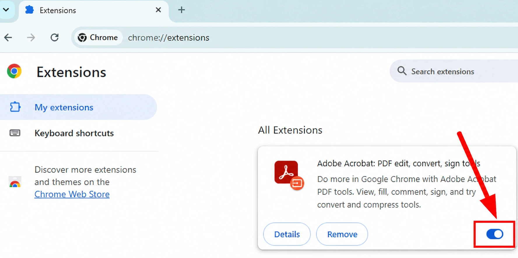Chrome Extensions settings page with a red arrow highlighting an extension's on-off toggle.