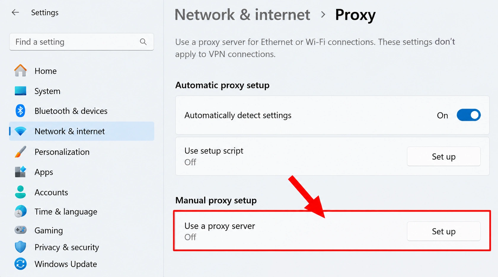 Windows 11 Proxy settings with the Use a proxy server option highlighted in red.